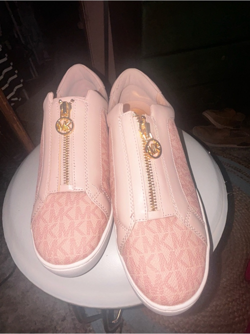 Michael Kors Blush Pink Monogram Slip-On Sneakers with Gold Accents